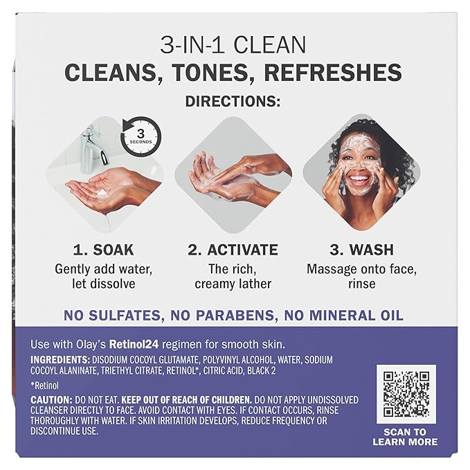 Olay Cleansing Melts + Retinol Face Cleanser, 64 ct. total (2 x 32 ct.), Water-Activated Face Wash to Clean, Tone, and Refresh