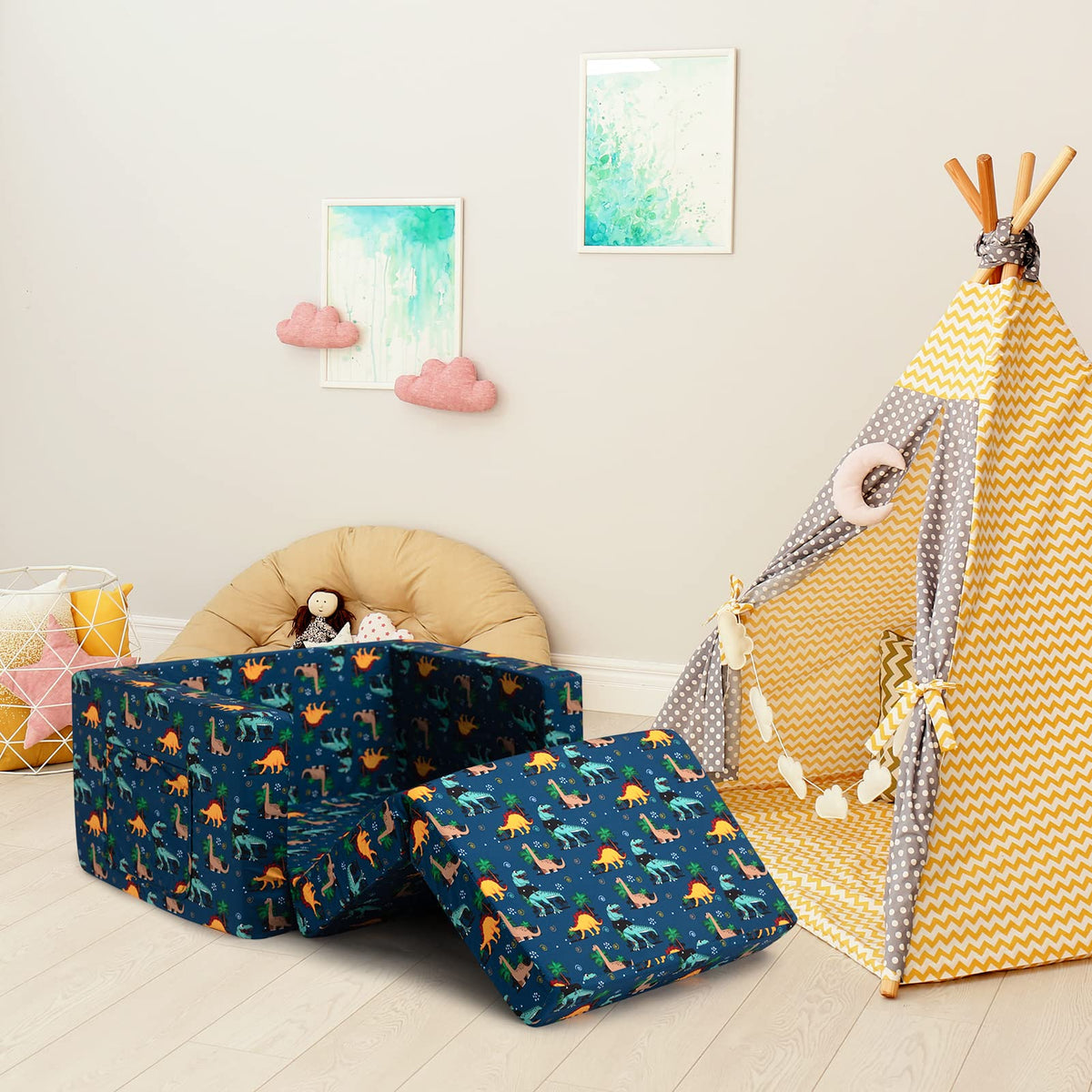 ALIMORDEN 2-in-1 Flip Out Comfy Toddler Couch, Lovely Kids Chair Convertible Sofa to Lounger for Story/Nap Time, Cool Dinosaurs