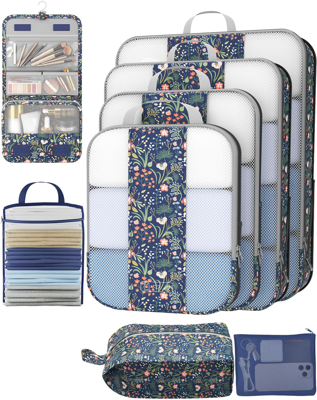 8 Set Compression Packing Cubes for Travel Essentials,Compressible Expandable Packing Cubes for Suitcase,OlarHike Luggage Organizer Bags,Handy Helper for Organizing Clothes(Dark Blue Floral)