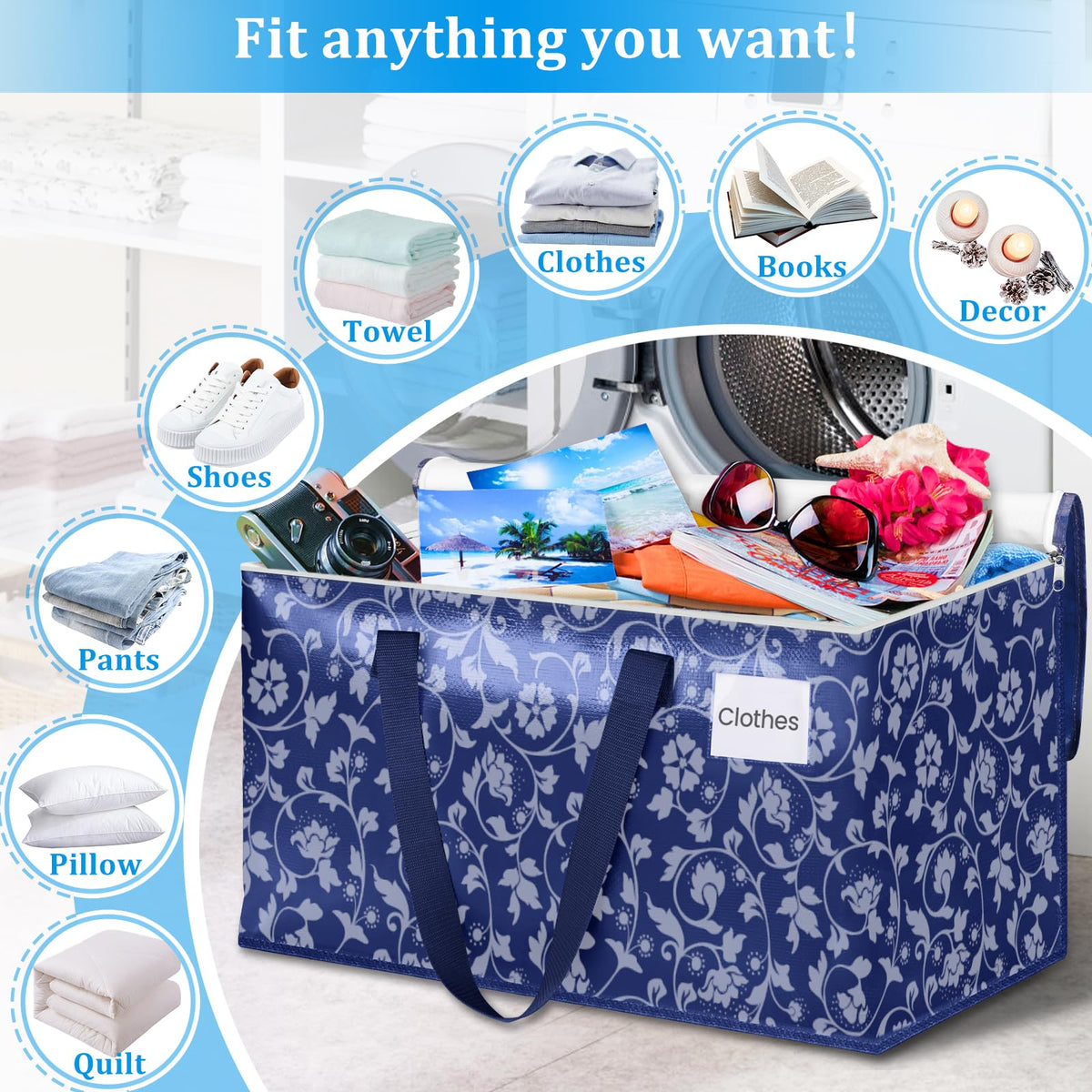 HomeHacks Moving Bags, Extra Large Size Moving Boxes, Heavy Duty Luggage Bags with Smooth Zipper and Sturdy Handles, Large Capacity & Easy Loading Storage Totes for Space Saver 88L, 4-Pack, Blue