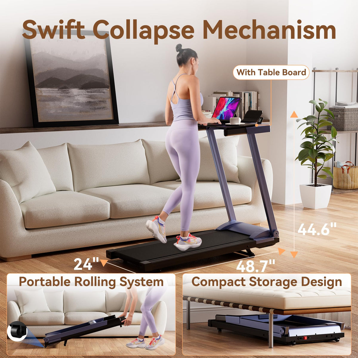 4-in-1 Treadmills for Home with Incline and Handles, Folding Treadmill Running Machine for Small Spaces 300 LB 3.0 HP 7.5 MPH Foldable Treadmill with Smart APP