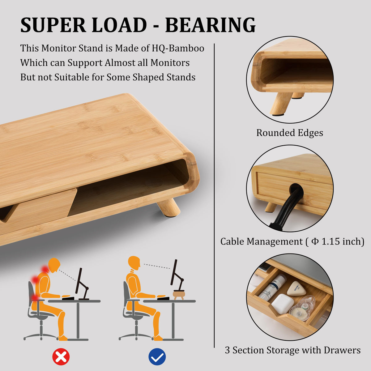Homerays Bamboo Monitor Stand Riser, No Assembly Required Exquisite Monitor Stand with Drawer Ergonomic Height Wood Monitor Stand