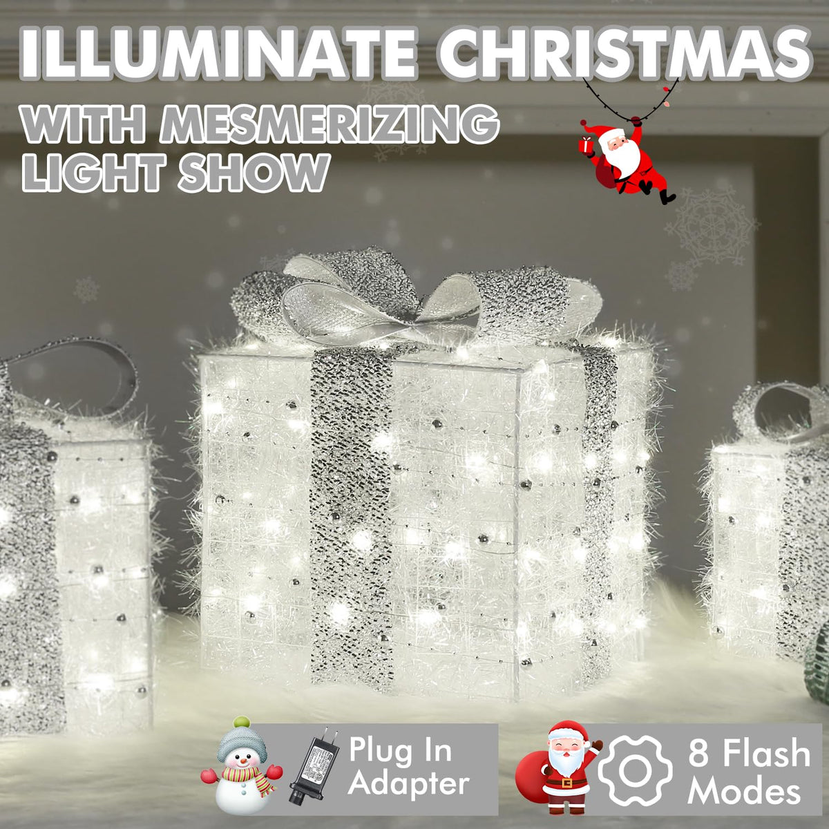 Christmas Lighted Gift Boxes, 140 LEDs Light Up Presents Christmas Decor, 8 Modes & Memory Function Plug-in Lighted Christmas Boxes, Set of 3 Christmas Decoration for Xmas Holiday Party Indoor Outdoor