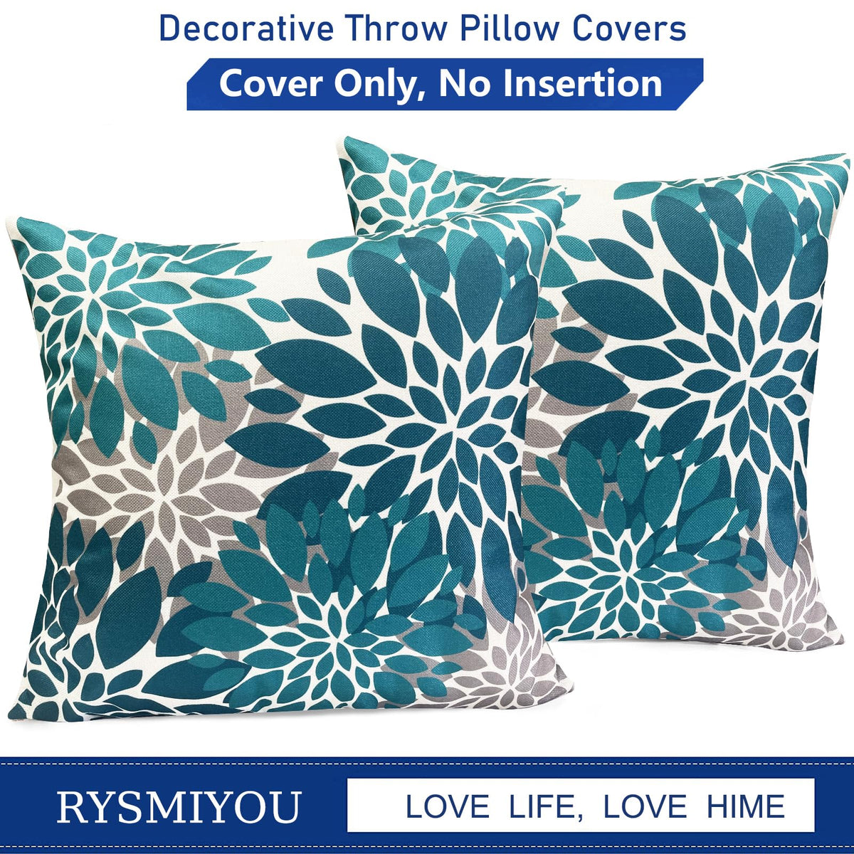 RYSMIYOU Decorative Throw Pillow Covers Set of 2 Teal Blue pillow covers 18x18 inch Throw Pillow Cases Linen Square Pillow Case,Farmhouse Outdoor Floral Flower Pillow Covers for Couch Sofa Living Room