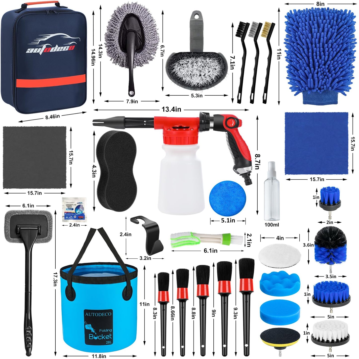 AUTODECO 38Pcs Car Wash Detailing Kit Cleaning Kits with Foam Gun Sprayer Collapsible Bucket Drill Brush Large Wash Mitt Towels Complete Interior Exterior Car Washing Supply Set Blue