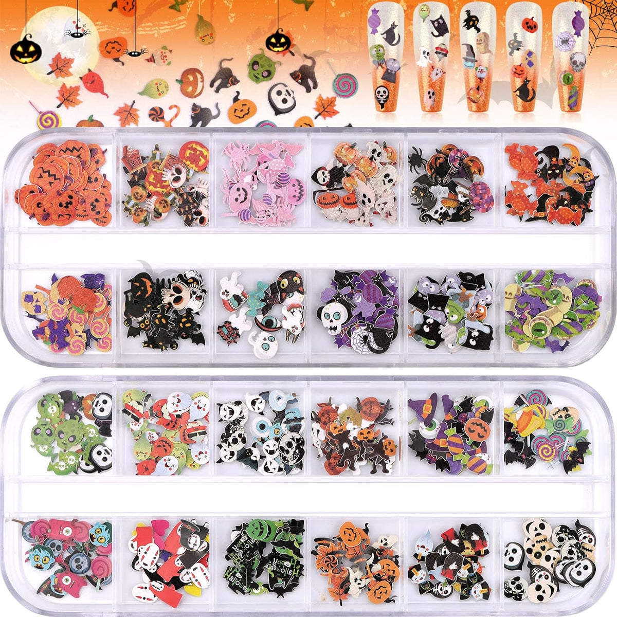 Kalolary Halloween Nail Art Sequins, 3D Skull Spider Pumpkin Bat Ghost Witch Stickers for Acrylic Nails, Halloween Wood Pulp Glitter Flakes for Nail Art Decorations