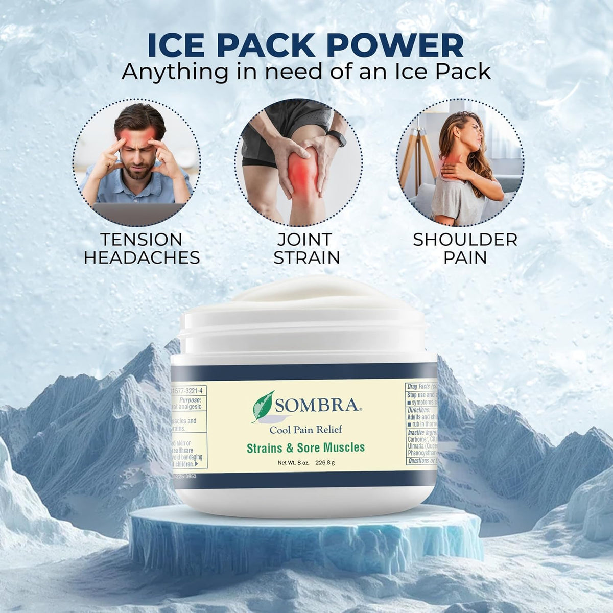 Sombra Cool Pain Relief Gel Cold Pain Relief for Swelling, Growing Pains, Soreness, Post-Workout, Vegan Formula Free of Artificial Fragrances, Dyes, NSAID, Wax, Petroleum, Alcohol - 8oz Jar