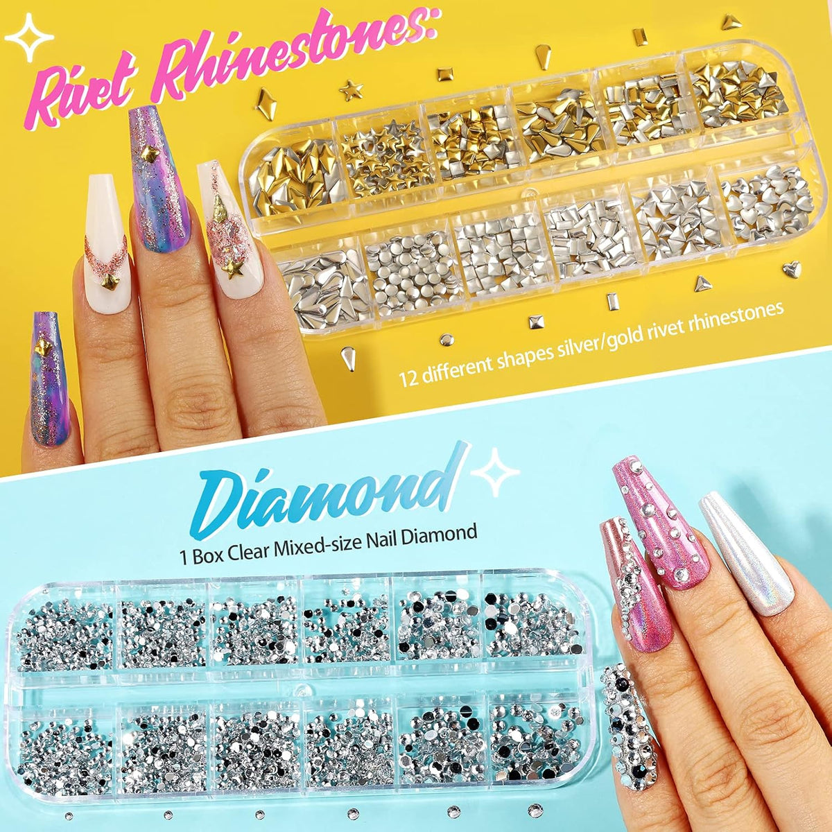 Teenitor 41 Boxes Rhinestones for Nails, Nail Gems 5 Boxes Nail Art Rhinestones 36 Boxes Nail Flakes, Nail Gems Stone Nail Design Kit, Nail Rhinestones for Nail Art Nail Accessories