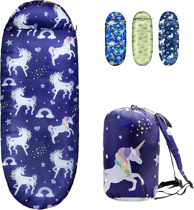 Kids Sleeping Bags for Girls – Unicorn Rainbow Star – Rioyalo YOLO 45 Camping Sleeping Bags for Kids with Carry Bag - Outdoor and Indoor (Unicorn-PL)