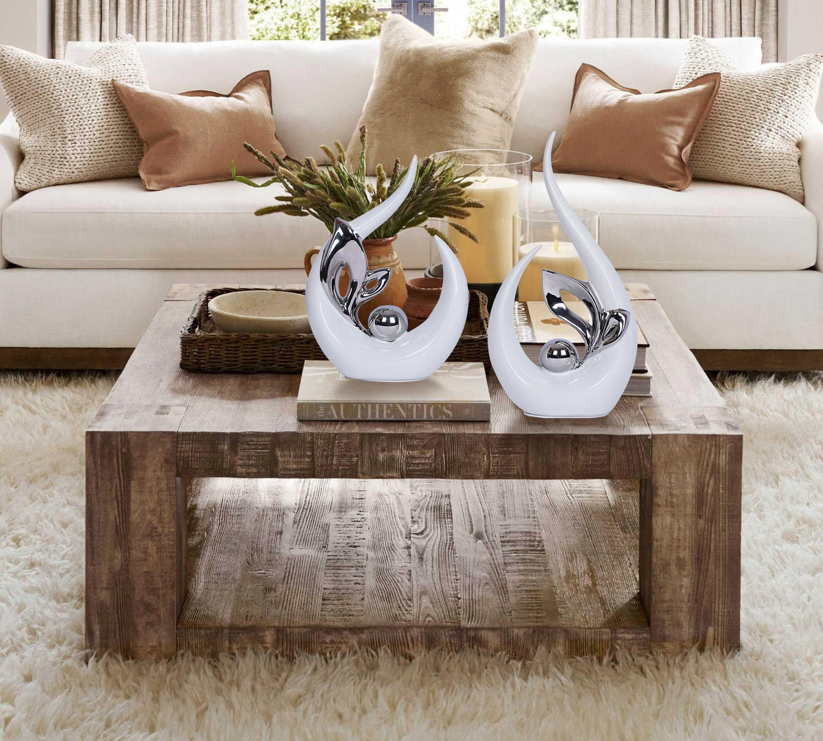 2 PCS White Decor Accent Ceramic Statue White Silver Mid Century Modern Home Decor Accents Sculpture Decorations Centerpieces for Living Room Kitchen Coffee Table Shelf Bookshelf Office Dining Table
