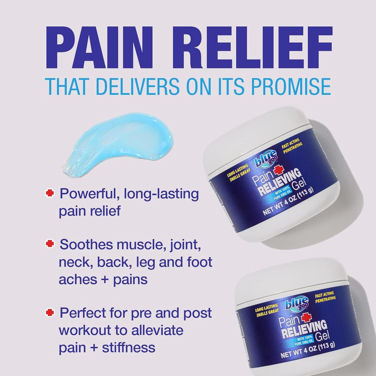 Blue Goo Pain Relieving Gel – Relief for Back, Neck, Muscle and Joint Pain, Fast-Acting Cooling and Soothing Relief with 100% Pure Emu Oil, 4 oz (1 Pack)
