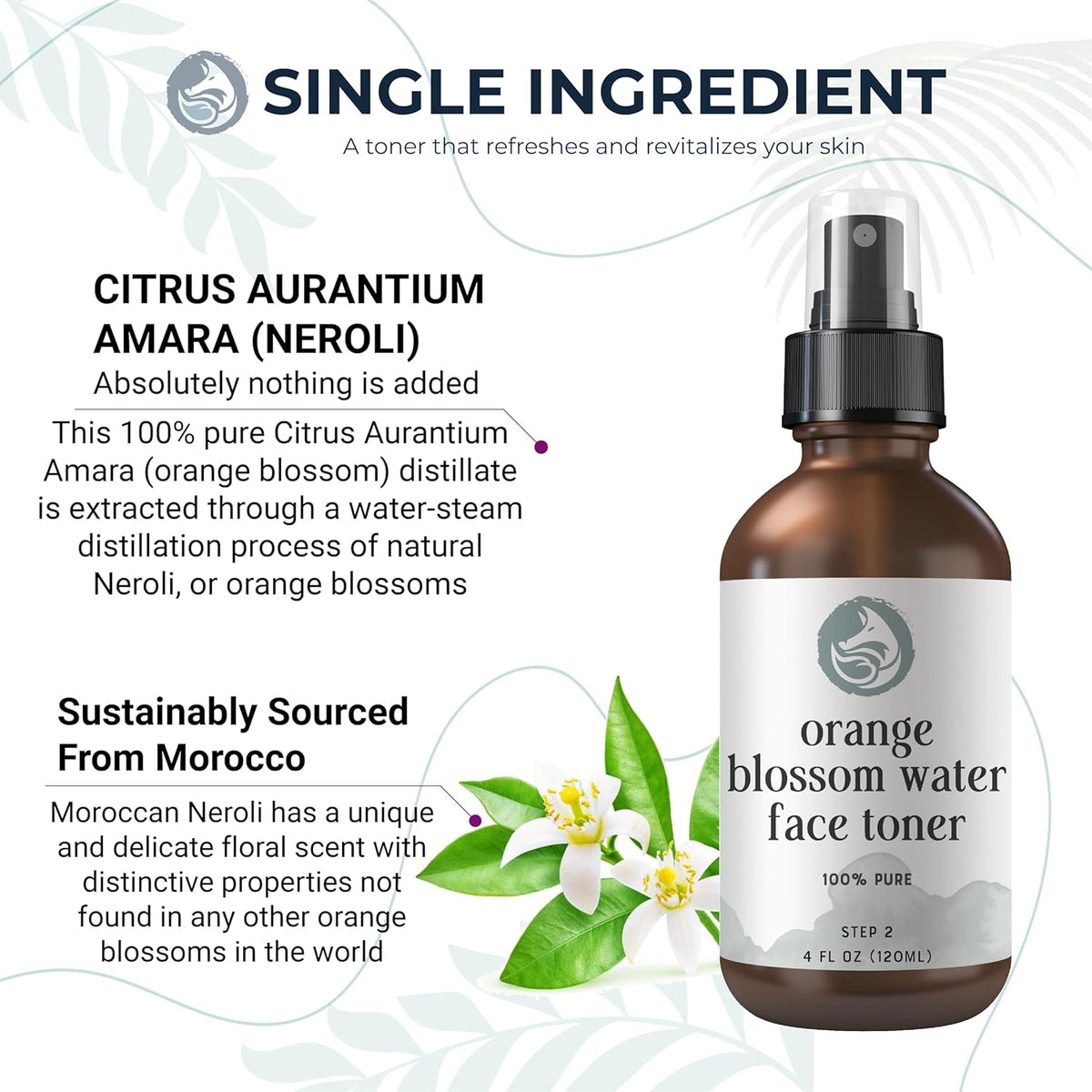 Orange Blossom Water Face Toner - Alcohol-Free Daily Facial Toner Spray 100% Natural for Sensitive Skin Acne and Breakouts - Best to Tone Tighten and Clear Pores - 120mL/4.oz by Foxbrim