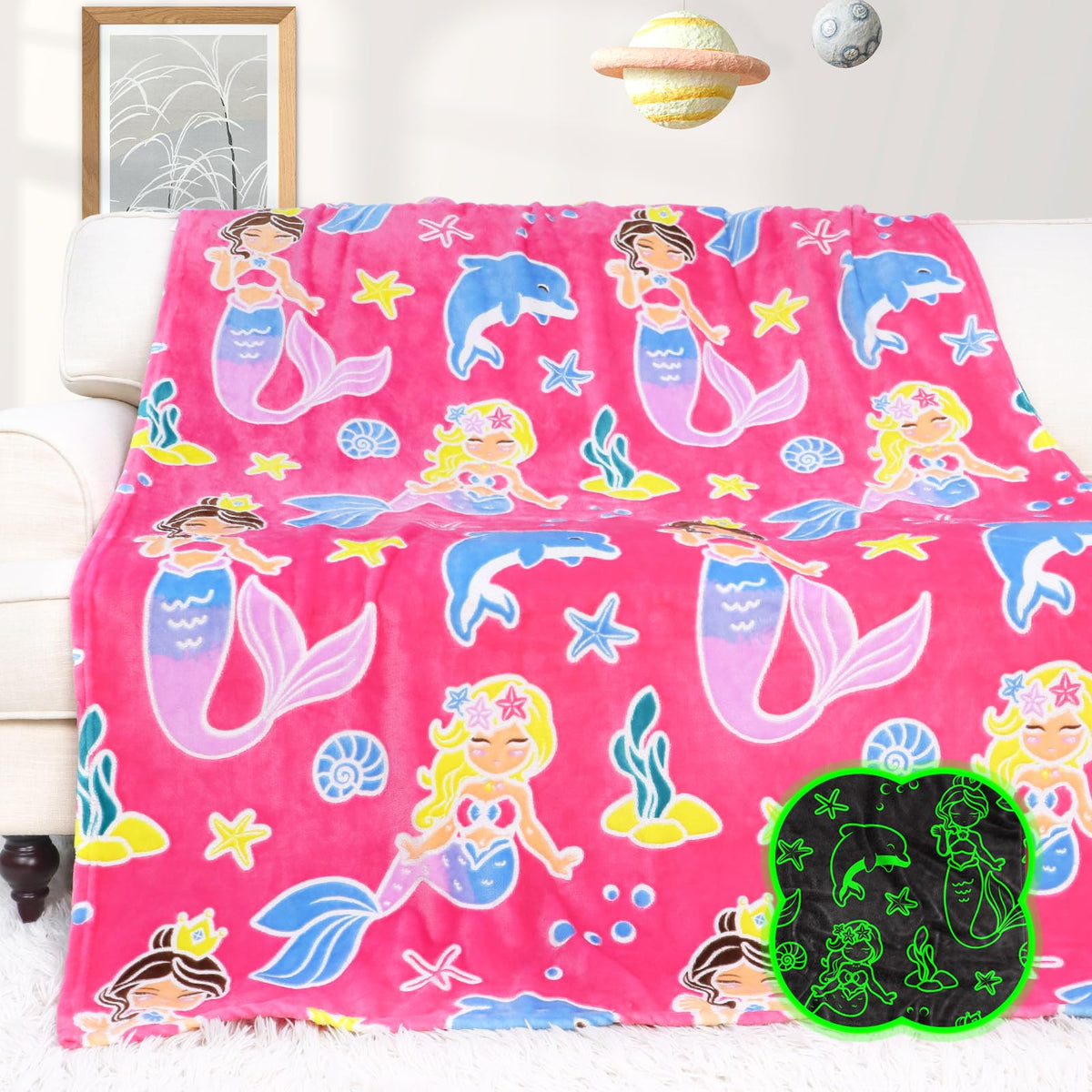 HWING Glow in The Dark Space Blanket - Space Gifts for Boys Kids Teens Girls Birthday Travel - Astronaut Star Rocket Spaceship Planet Boy Gifts Soft Fleece Galaxy Throw Blanket Room Decor