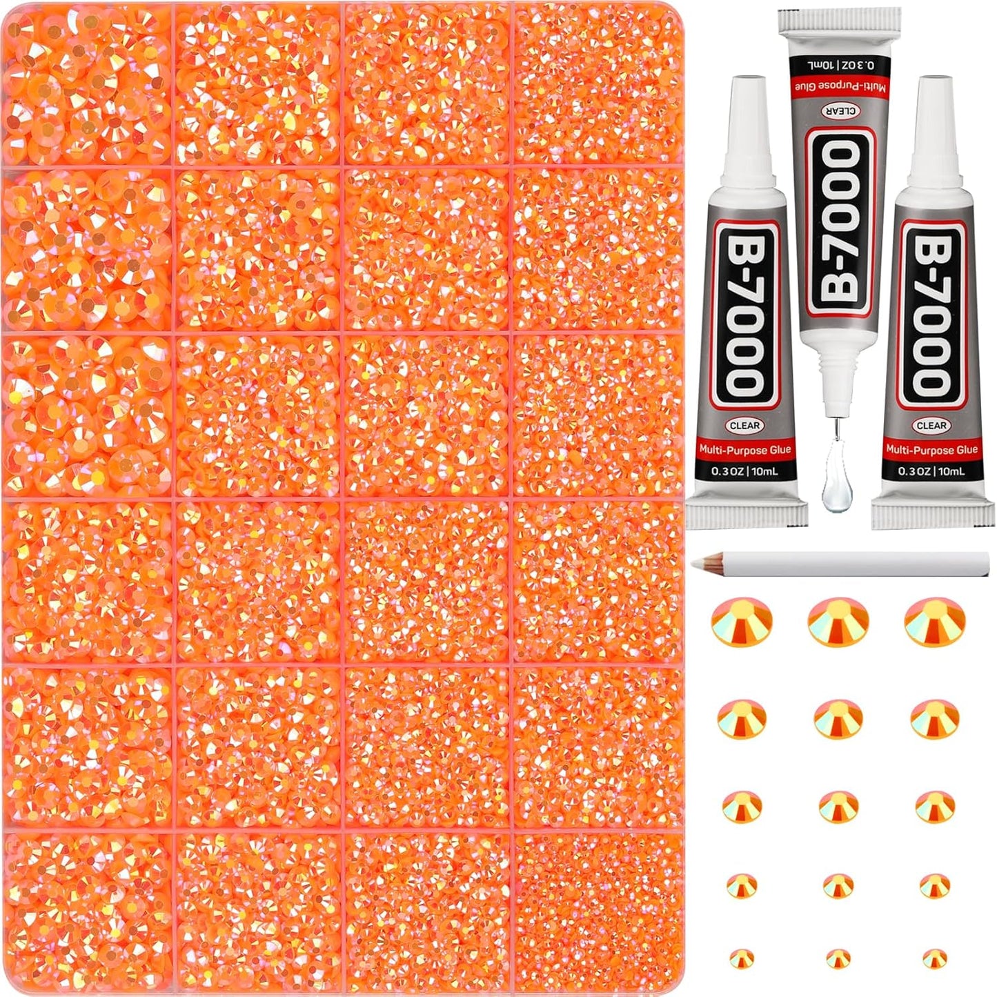 30000Pcs Resin Jelly Rhinestones Set for Crafting Bedazzling, Orange AB Flatback Gems Jewels for Crafts Clothes Shoes Fabric Outfit Nails Makeup, Flat Back Crystal 2-6mm with b 7000 Glue