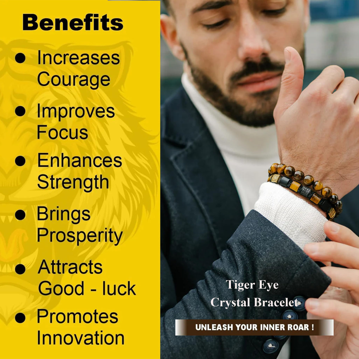 Jewdreamer 10PCS Tiger Eye Bracelet For Men 8MM Natural Stone Beads Bracelet Set Stretch Lava Rock Bracelets Adjustable Black Crystal Beaded Bracelet for Men Women Gifts
