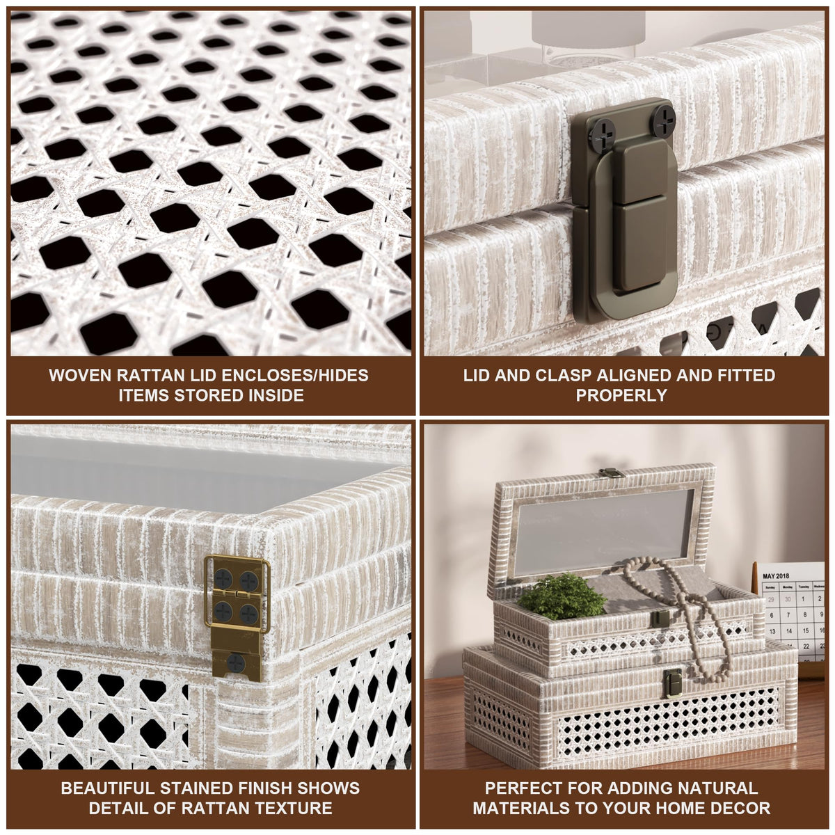 Fllamo Rattan Decorative Box,Boho Display Boxes with Lids,Set of 2 Rectangular Wicker Storage Decoration,Natural Woven Cane Bins for Home Decor for Rustic Farmhouse(White)