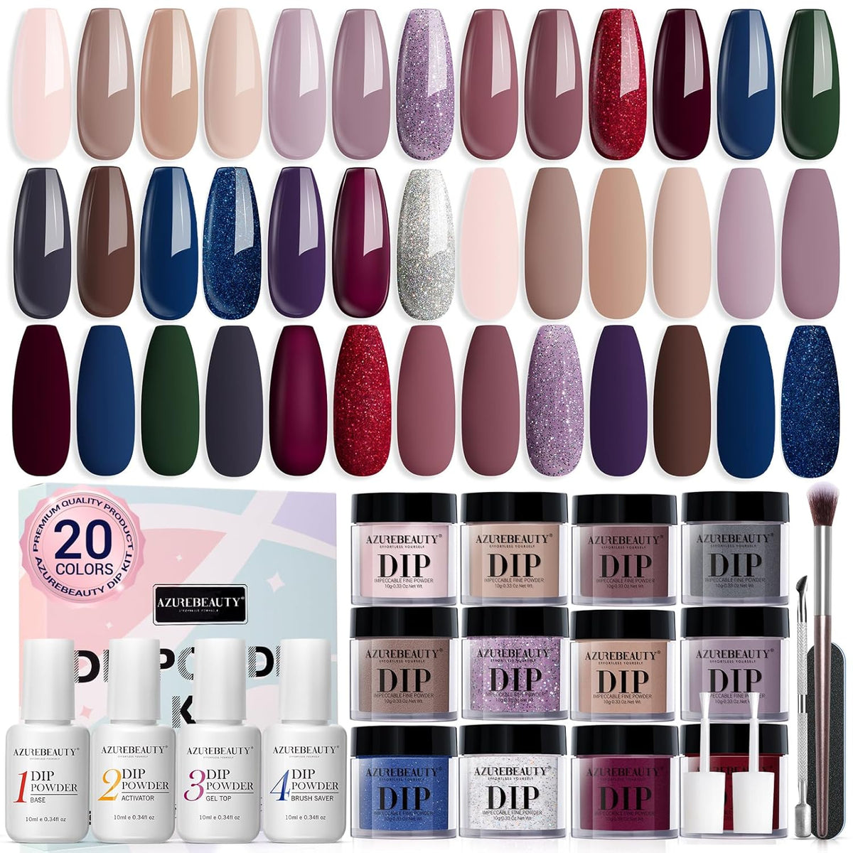 AZUREBEAUTY Dip Powder Nail Kit Starter 20 Colors Nude Brown Glitter Purple Blue Dipping Powder Liquid Set with Top/Base Coat Activator for French Nail Art Manicure DIY Salon Gifts for Women