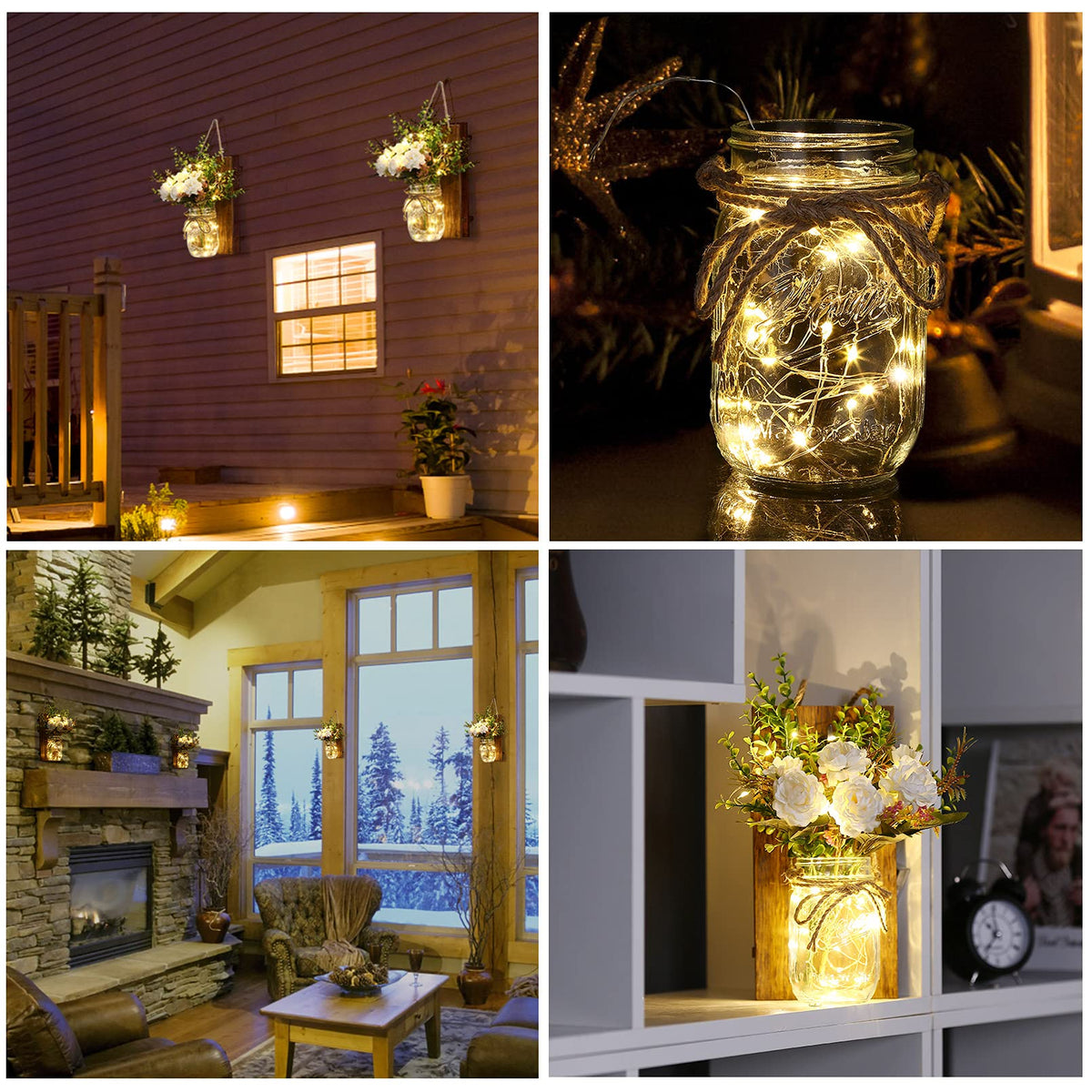 Lightess Wall Decor Mason Jar Sconces with Remote Control, Rustic Home Decor Wall LED Fairy Lights with White Rose, Farmhouse Wall Decorations Lights Set of Two for Dining Room Living Room