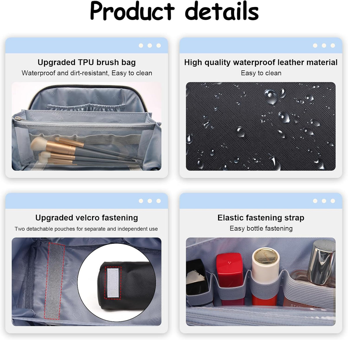 BOYATU Travel Makeup Bags for Women: Vegan Leather Cosmetic Bag Set of 3 - Large Capacity Make up Bag with Divider - Wide Open Waterproof Toiletry Organizer Bag with Handle (05-Black)