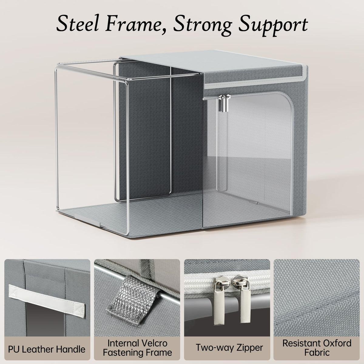 Yecaye Clothes Storage Bins with Metal Frame, Foldable Clothing Storage Bin with Lid, Stackable Oxford Fabric Organizer Box With Clear Window & Zippers & PU Leather Handles (3 Pack,Grey,66L)