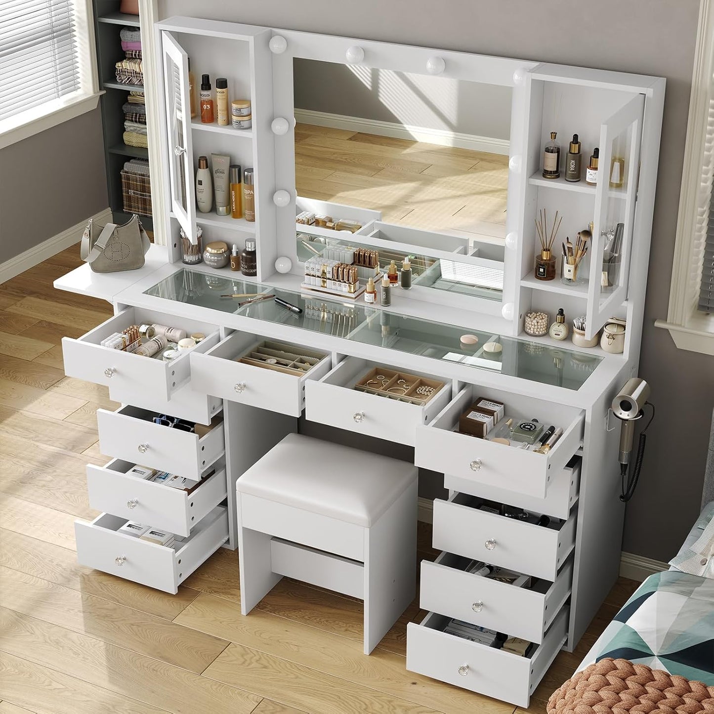 Vanity with Mirror and 10 LED Lights,Vanity Desk with Power Outlet, Makeup Vanity with 12 Drawers and 2 Cabinets, Fold-up Panel, Glass Top Vanity Table with Chair for Bedroom, White