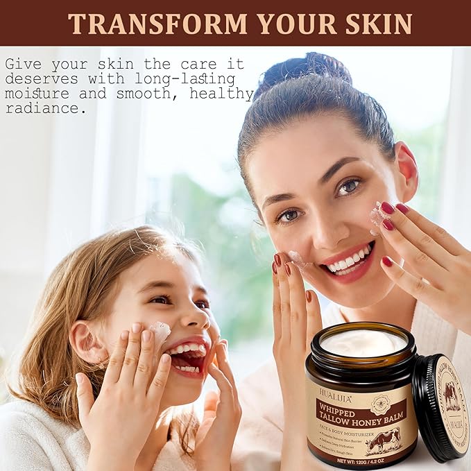 Organic Beef Tallow for Skin, Tallow and Honey Balm (4.2 Oz), Tallow Face Moisturizer, Grass Fed Whipped Beef Tallow with Honey Beeswax - Deeply Hydrates and Moisturizes Face Body, Unscent, No Greasy