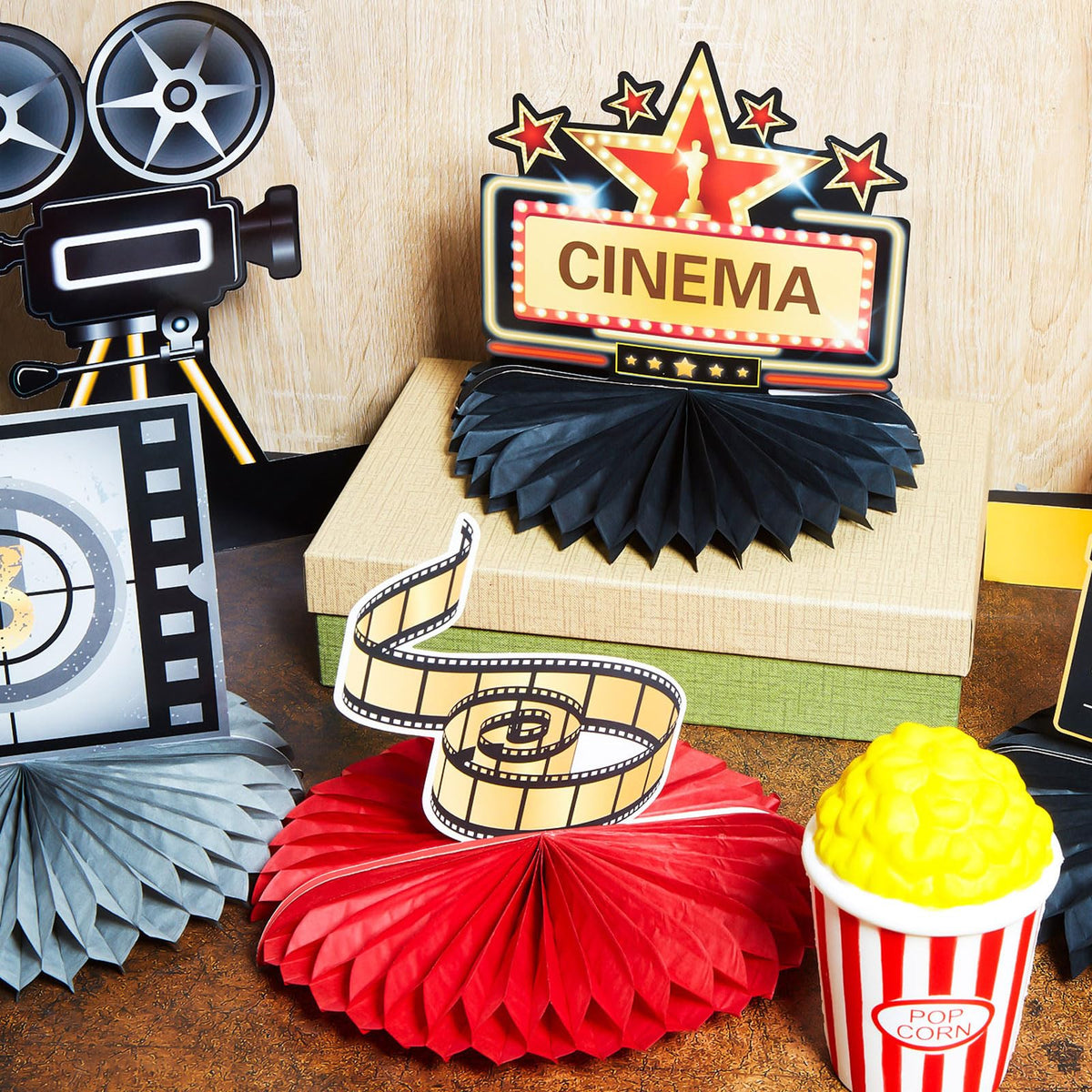 Chinco 12 Pieces Movie Night Party Supplies Decorations Movie Theater Honeycomb Centerpiece 3D Microphone Ticket Star Video Paper Centerpiece Sign Table Decoration for Theater Birthday Party Favors
