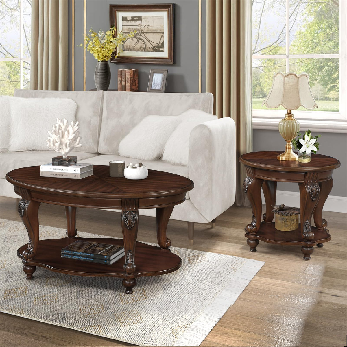 LKTART Oval Wood Coffee Tables for Living Room, Vintage Round Coffee Table with Carved Wood Legs, Tradition Elegant Coffee Table (Cherry, 42 Inch)