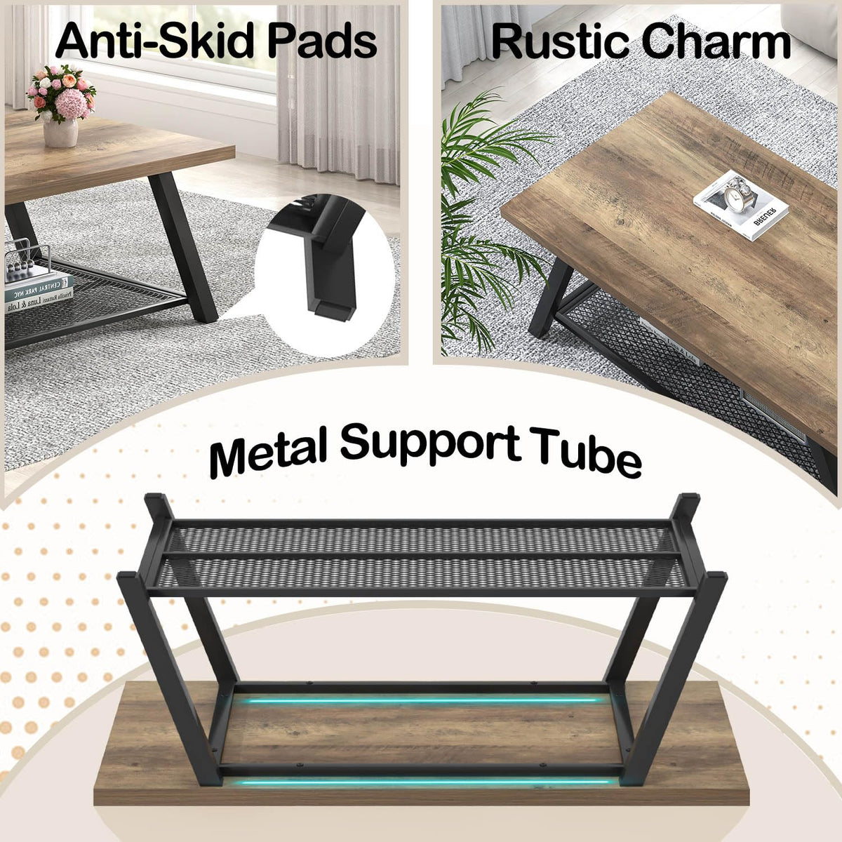 FOLUBAN Coffee Table, Modern Rustic Wood and Metal Center Table with Storage, Industrial Cocktail Tea Table for Living Room, Oak, 47 Inch