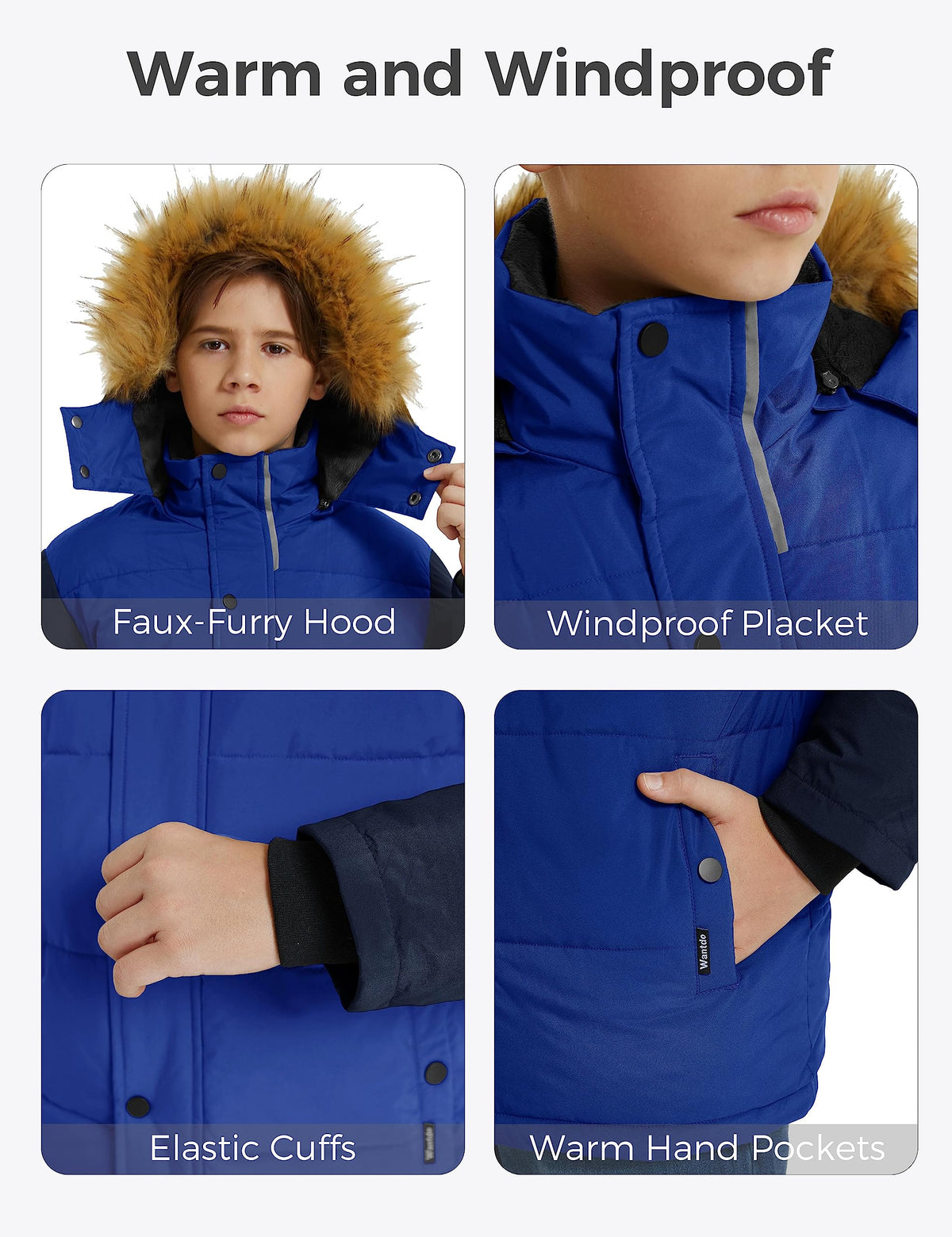 wantdo Boys' Warm Puffer Coats Winter Outerwear Jackets Waterproof Fleece Jacket With Hood Acid Blue navy 8