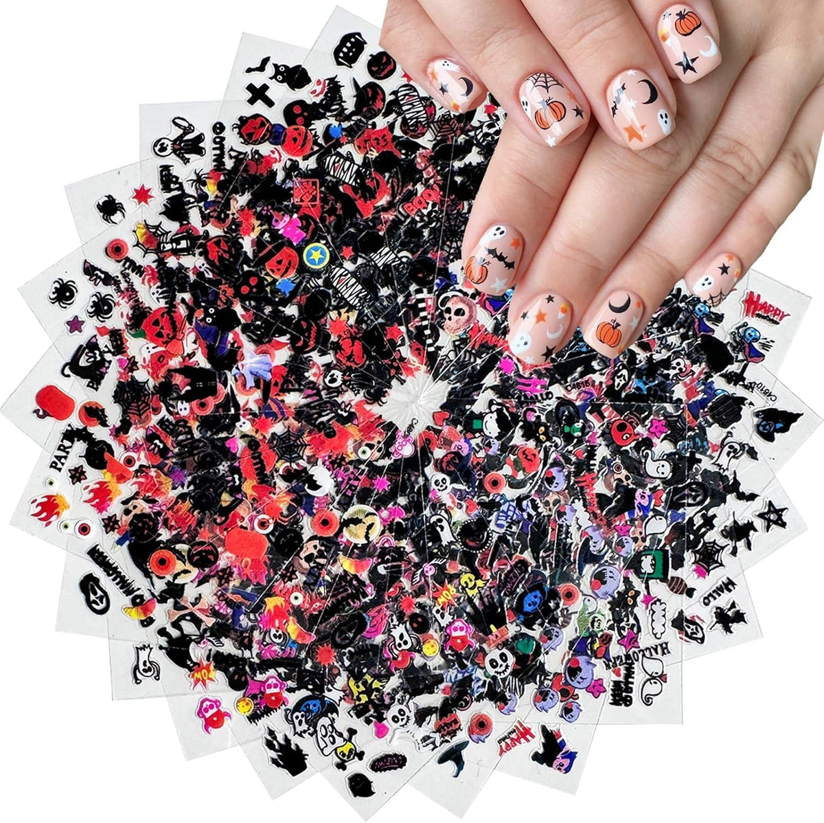 30 Sheets Halloween Nail Stickers Pumpkin Ghost Face Nail Charms Decals 3D Self Adhesive Spider Web Cat Bat Manicure Art Sticker for Acrylic Nails DIY Decorations