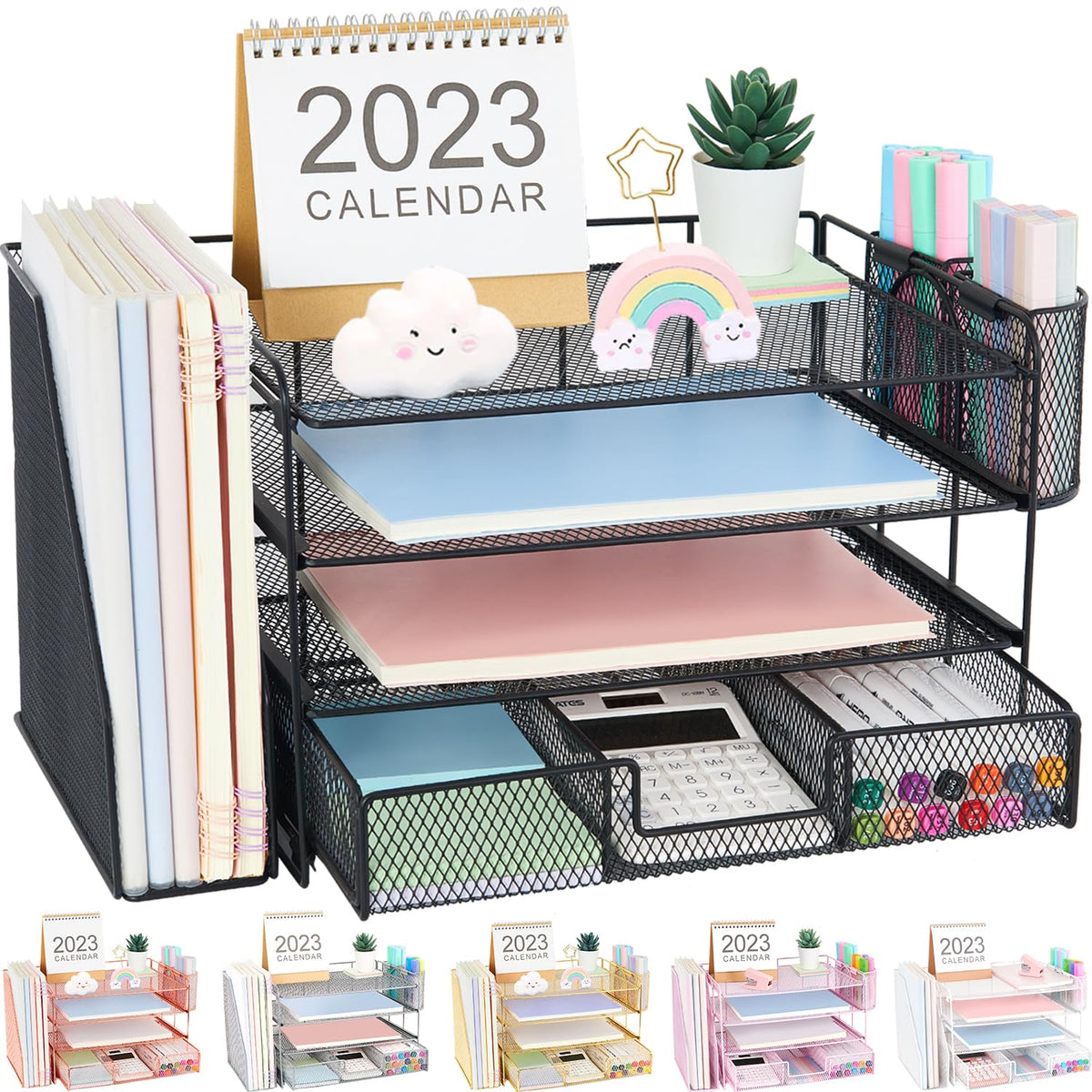 OPNICE Desk Organizer and Accessories, 4-Tier Desktop File Organizer with Drawer and 2 Pen Holders, Office Desk Accessories for Office Supplies(Black)