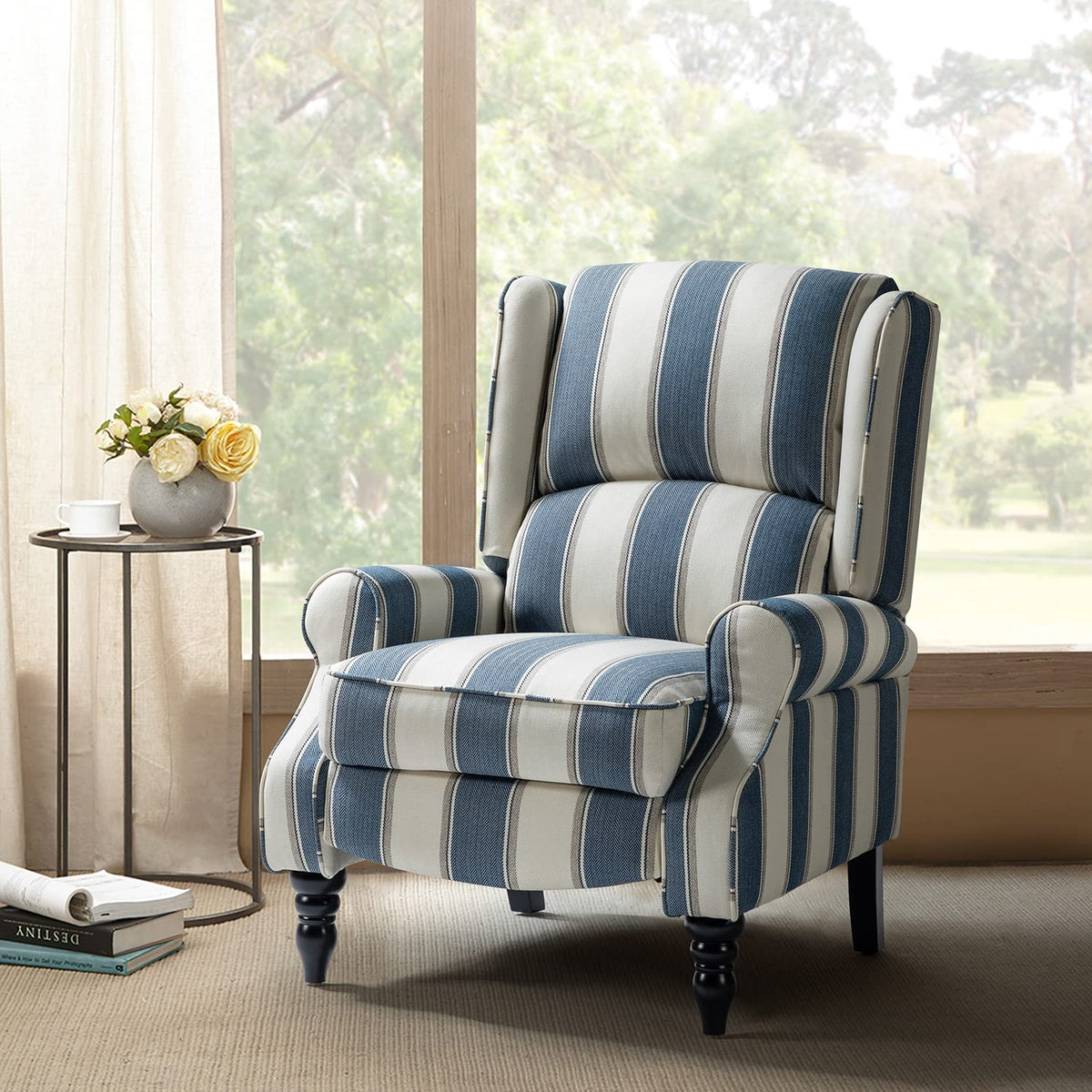 HULALA Home Upholstered Wingback Recliner Chair, Small Adjustable Footrest Push Back Single Reclining Sofa, Mid Century Modern Lounge Armchair for Living Room, Bedroom, Reading/Stripe Navy