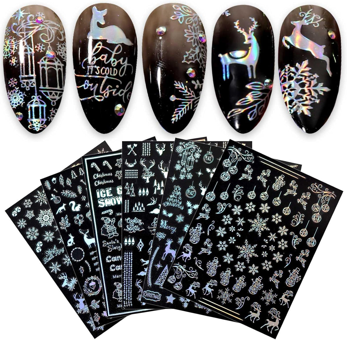 9 Sheets Aurora Christmas Nail Art Stickers Decals Self-Adhesive Pegatinas Uñas Glitter Rose Gold Snowflakes Winter Nail Supplies Nail Art Design Decoration Accessories