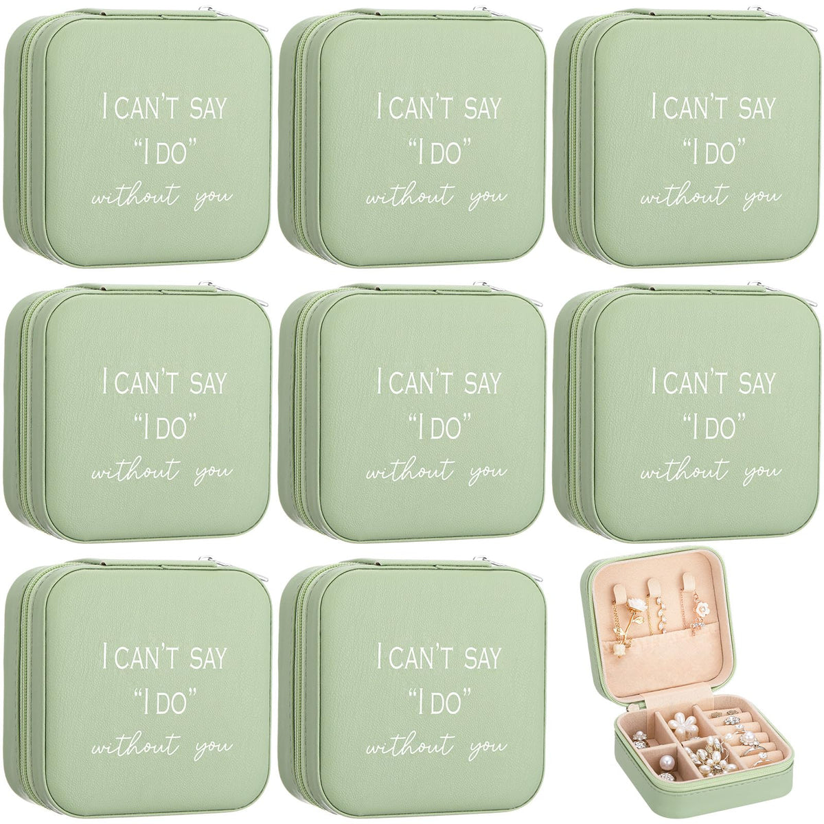 Colingmill 8 Pcs Bridesmaid Proposal Jewelry Box Gifts I Can't Say I Do Without You Travel Jewelry Case Portable Earring Organizer for Women Bridesmaids Wedding Gifts(Matcha Color)