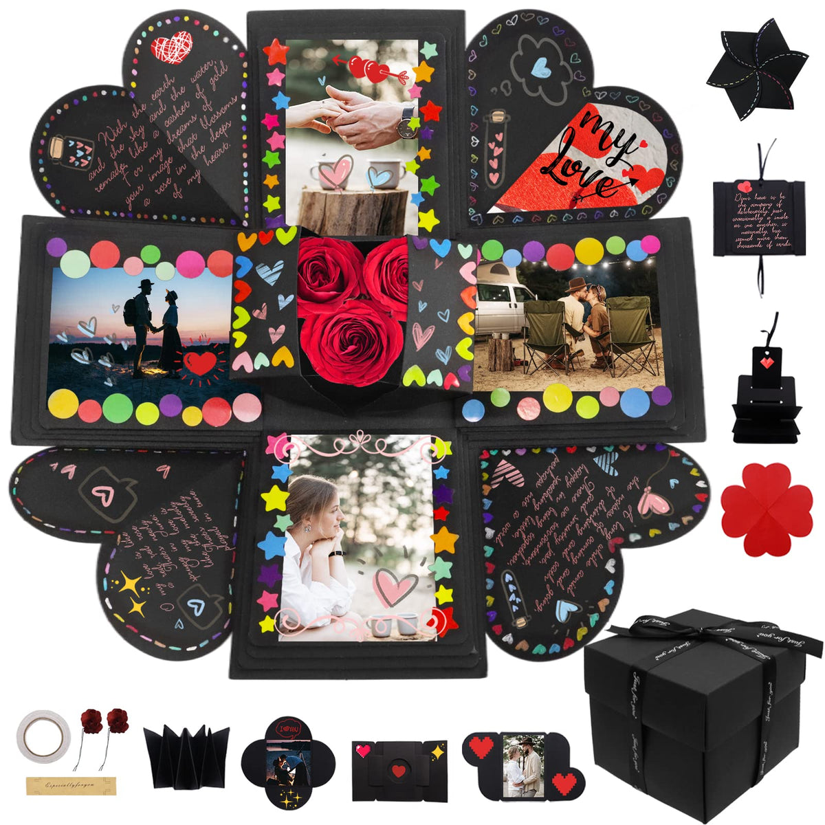 Explosion Box Gifts,Surprise Creative DIY Photo,Exploding Love Box,Love Memory Photo Box with 4 Faces for Anniversary,Birthday,Valentine's Day and Wedding(Black) Square