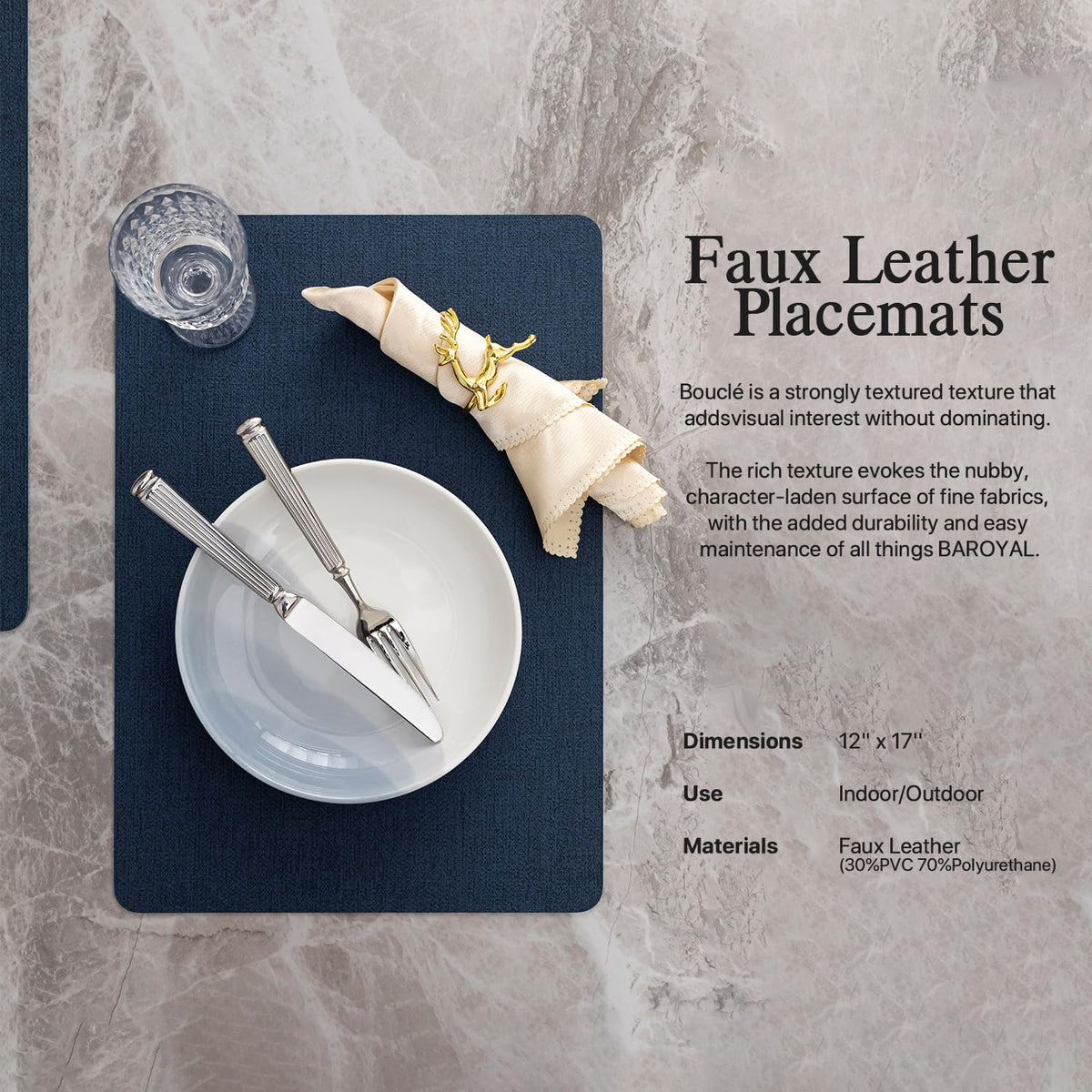 Baroyal Faux Leather Placemats Set of 6 Vinyl Washable Wipeable Table Mats for Kitchen Dining Table Heat Resistant Waterproof Modern Indoor/Outdoor Placemats Non-Slip Easy Clean Place Mats (Navy)