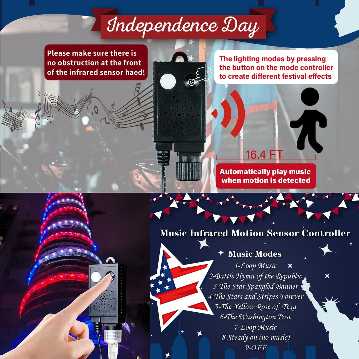 Kenburg 4th of July Red White and Blue Rope Lights with Patriotic Music, 50ft 600 LED 8 Modes Fourth of July Decorations Plug in Timer Tree Lights Outdoor for Independence Day Memorial Day