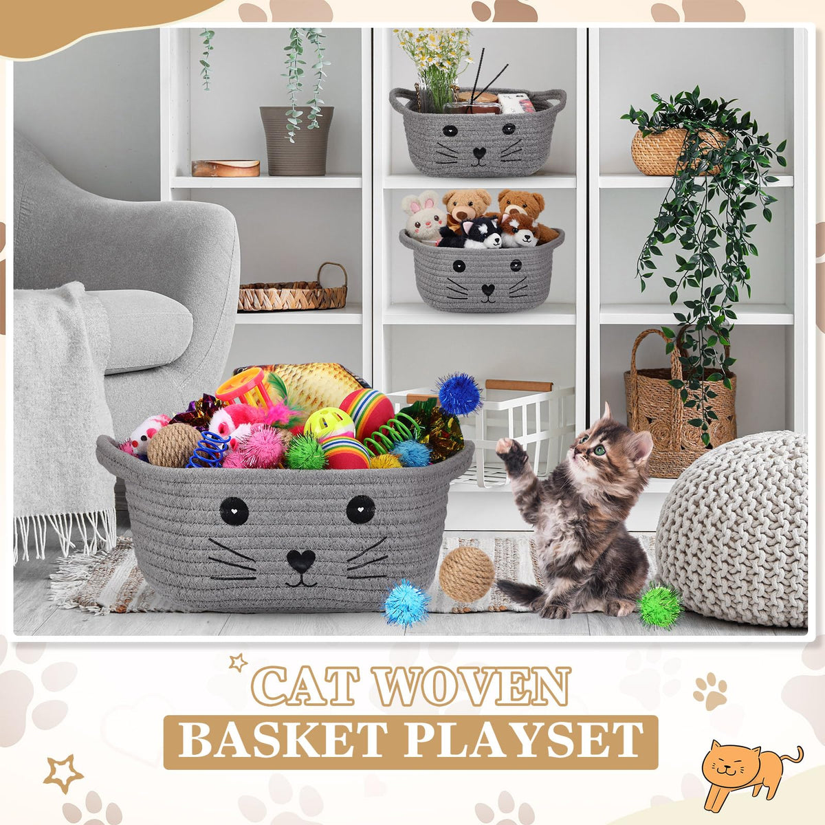 Zopeal 58 Pcs Cat Storage Basket Gift Toys Set, Colorful Flashing Balls Pet Bell Crinkle Balls Spring Toys Attract Cat to Swat, Bite, Hunt, Interactive for Pet(Gray)