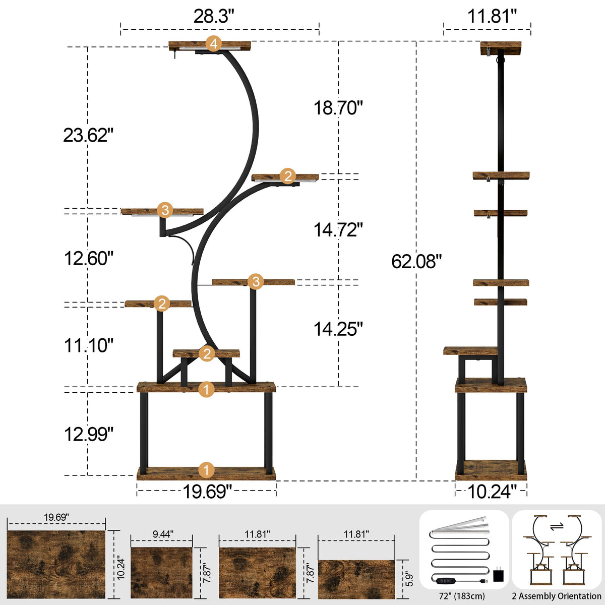 Plant Stand Indoor with Grow Lights - 62" Tall Plant Shelf, Lighted Corner Plant Stands for Indoor Growing, 8 Tiered Large Flower Holder, S-Shaped Decorative Rack for Living Room, Black, Patent Design