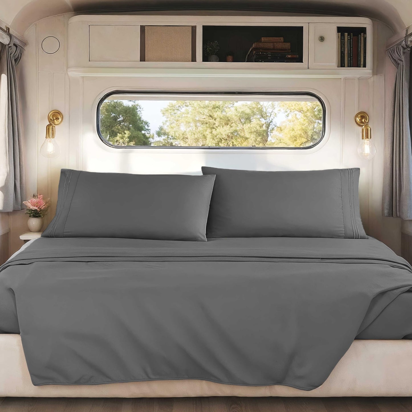 Nestl Dark Grey Short Queen Sheets for RV, Hotel Luxury RV Queen Sheets Set, 4 Piece Fitted Bed Sheet Set and Pillowcases, Super Soft, Wrinkle-Free, and Breathable Camper Bedding