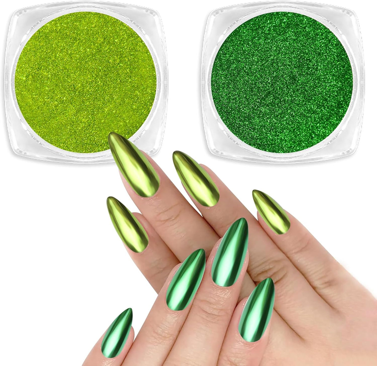 Allstarry Green Chrome Nail Powder, 2 Colors Metallic Effect Mirror Chrome Powder Pigment Manicure Glitter Kit for Gel Polish St Patricks Day Nail Art St Patty's Day Accessories - Wheat Field Green