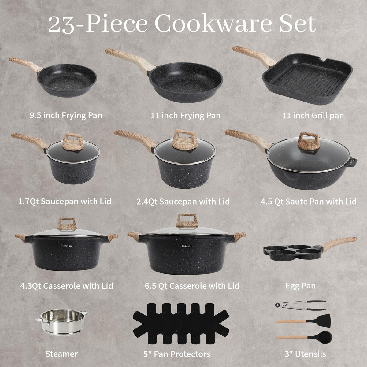 Cuisinluv 23Pcs Pots and Pans Set Non Stick, Kitchen Cookware Sets, Granite Stone Induction Cookware Non Stick Cooking Set w/Frying Pans, Saucepans, Sauté Pan, Griddle Pan, Egg Pan, Black