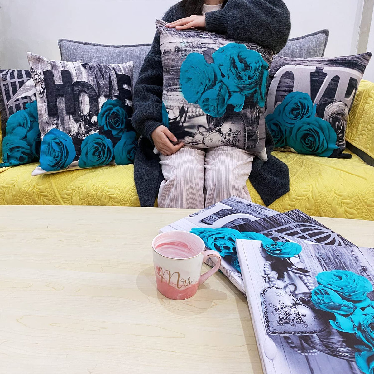 Turquoise Throw Pillow Covers 18x18 Set of 4 Farmhouse Grey Teal Pillow Cover for Couch Outdoor Patio Furniture, Linen Cotton Decorative Rose Flower Cushion Case Bed Sofa Living Room Home Decorations