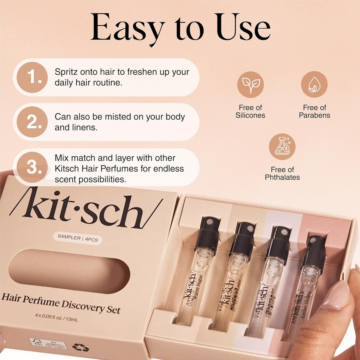 Kitsch Hair Perfume For Women (Discovery Set) - Pistachio Latte, Warm Sugar, Sheer Violet & Amber Waves - Patented Odor-Eliminating Technology, Hair Spray and Body Mist - 4 x 1.5ml