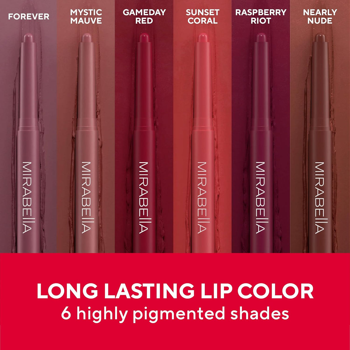 Mirabella - Velvet Matte Lip Crayon, Retractable Highly-Pigmented 2-in-1 Makeup, Long-Lasting Hydrating Lipstick Crayon + Lip Liner, Moisturizing Cream-to-Matte Lipcare Formula, Gameday Red