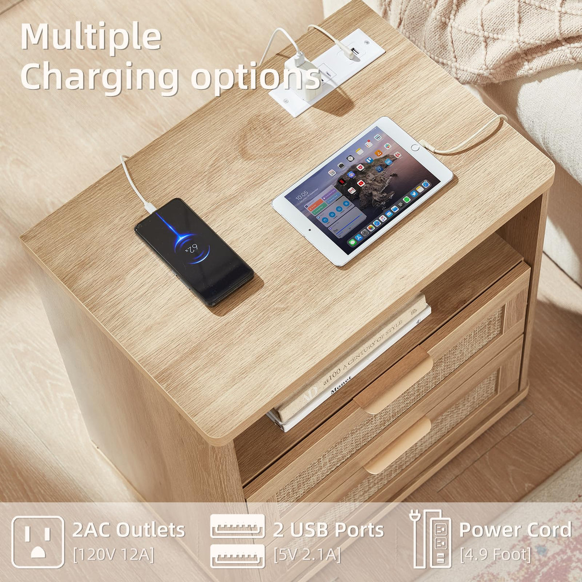 LEYAOYAO Rattan Night Stand with Charger Station, 23" Wide Boho Nightstand with 2 Drawers, Natural Wood Bedside Table Open Storage Cabinet, Bed Side End Tables Dresser for Bedroom, Living Room Hallway