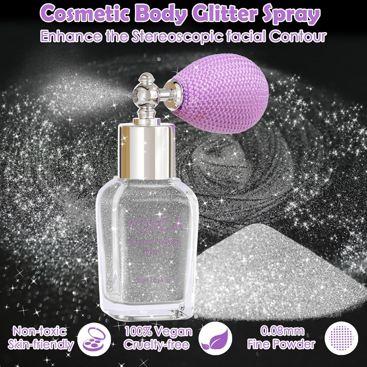 Yosca Body Glitter Spray, 30ML Loose Body Shimmer Powder Hair Spray Silver Glitter Sparkle Highlighter Makeup Festival Accessories for Rave Clothes Hair Face Nail Art