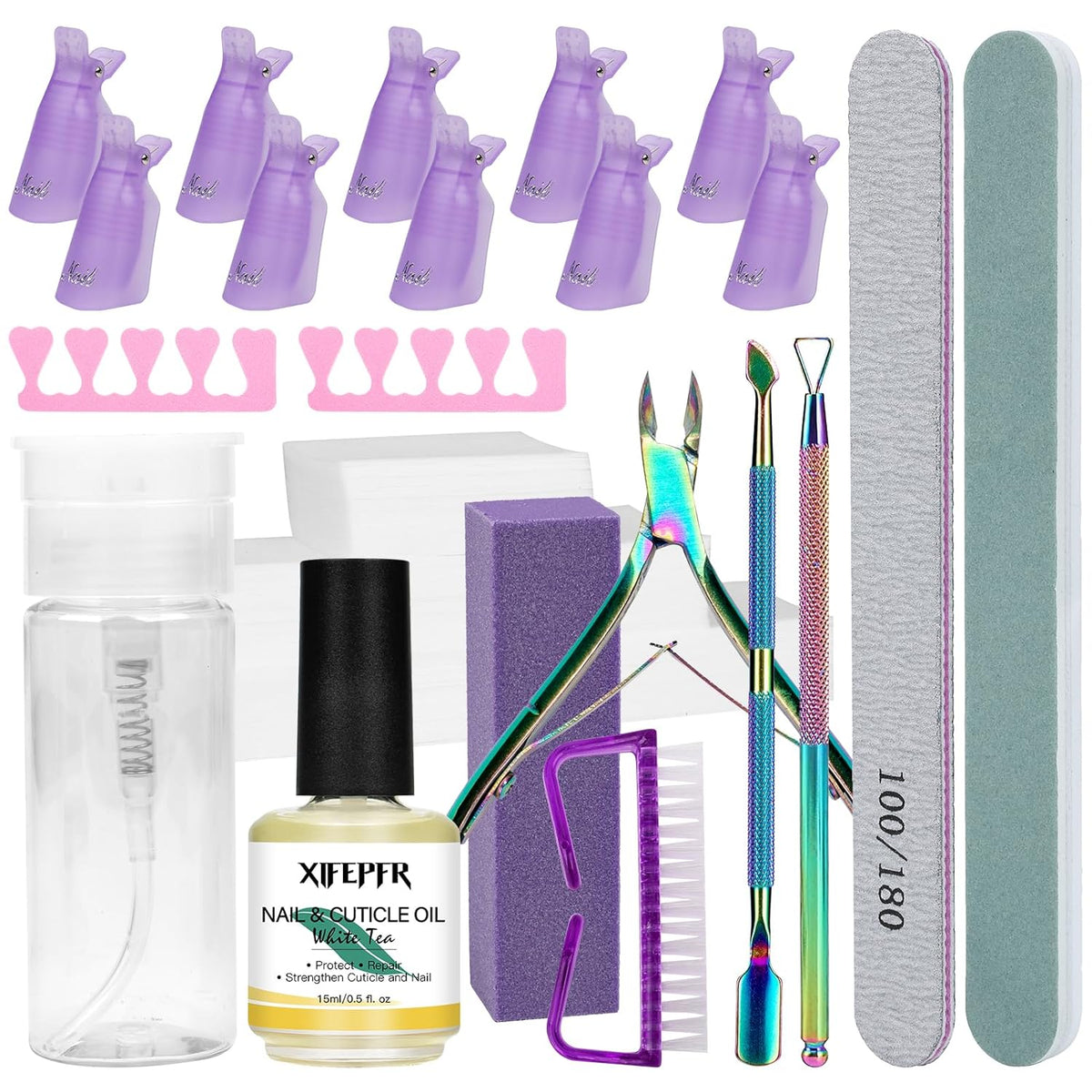Gel Nail Polish Remover Tools Kit, 521Pcs Gel Polish Remover Kit with Nail Clips, Nail Wipes, 100ml Pump Bottle, Cuticle Oil, Cuticle Trimmer, Nail File Block, Nail Brush, Gifts for Women