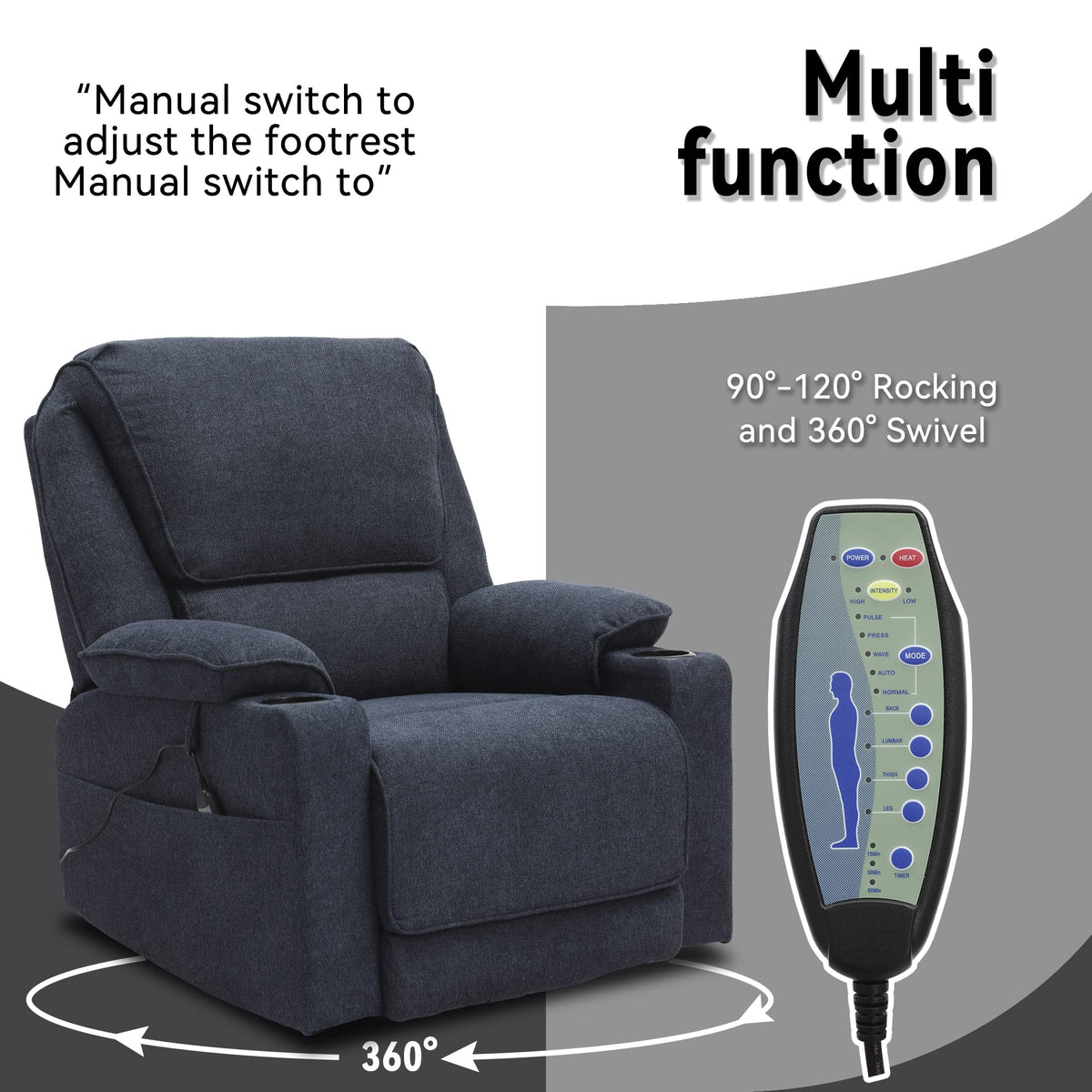 LOUVIXA Swivel Glider Recliner Chair for Adults,Manual Recliner with Massage and Heat, Linen Cotton Fabric Ergonomic Lounge Chair with Cup Holder for Living Room, Bedroom, Nursery (Navy Blue)